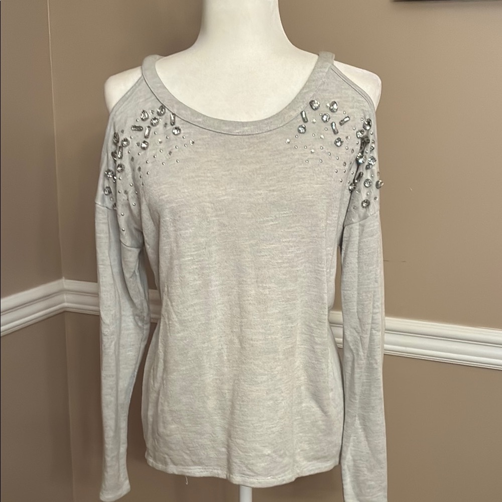 Gray Cold Shoulder Top with Embellishments